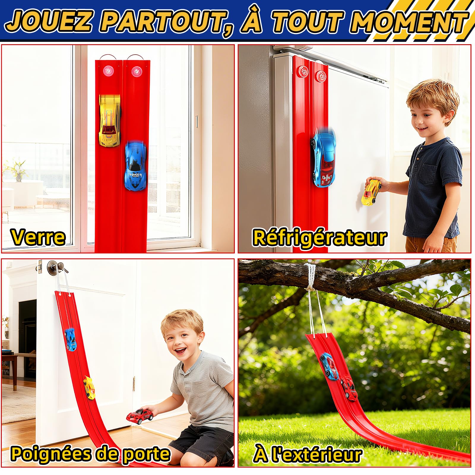 Charmofun Circuit Voiture Enfant 5M, 1:64 Piste de Voiture avec 4 Voitures,Sac Rangement, Circuit de Voiture avec Rampe et Lanceur, Piste de Course Portable Double Voies pour Enfants de 3+ Ans (Rouge)