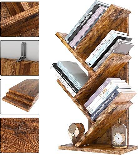Miniatura 8 de YMYNY Estantería de árbol de 4 niveles, estantería pequeña, estante de almacenamiento de libros de madera moderno, estante independiente para