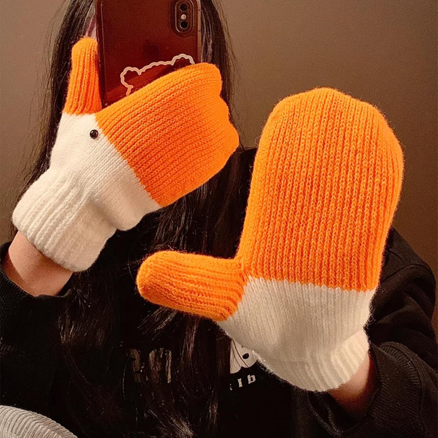 Women's Winter Warm Fleece Knitted Mittens wuth Funny Goose Design