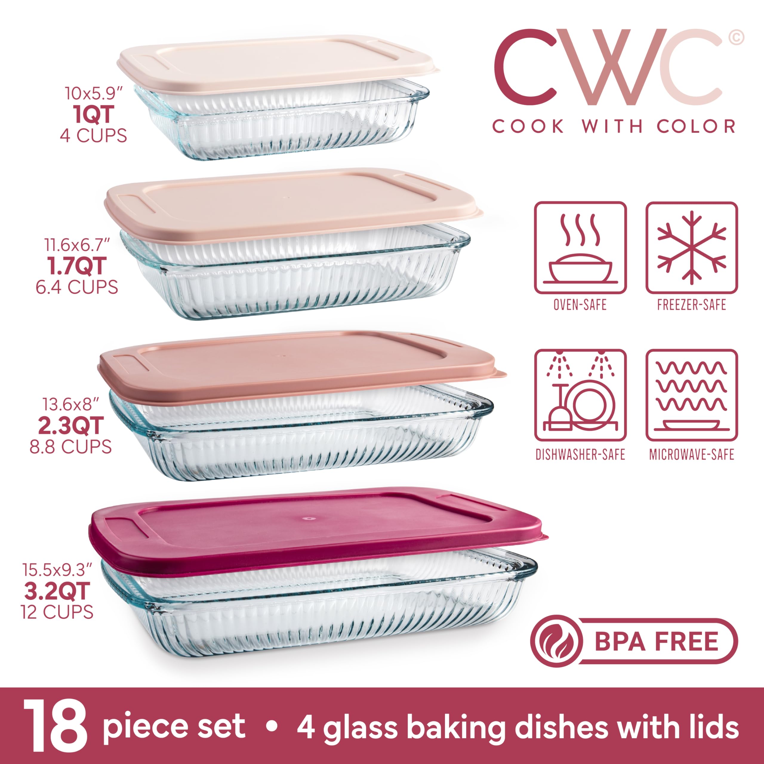 COOK WITH COLOR Glas-Backformen-Set mit Deckel, tiefe Auflaufform, Lebensmittelbehälter, ofen-, gefrier- und mikrowellengeeignet, transparenter Behälter, Rosa, 8-teilig