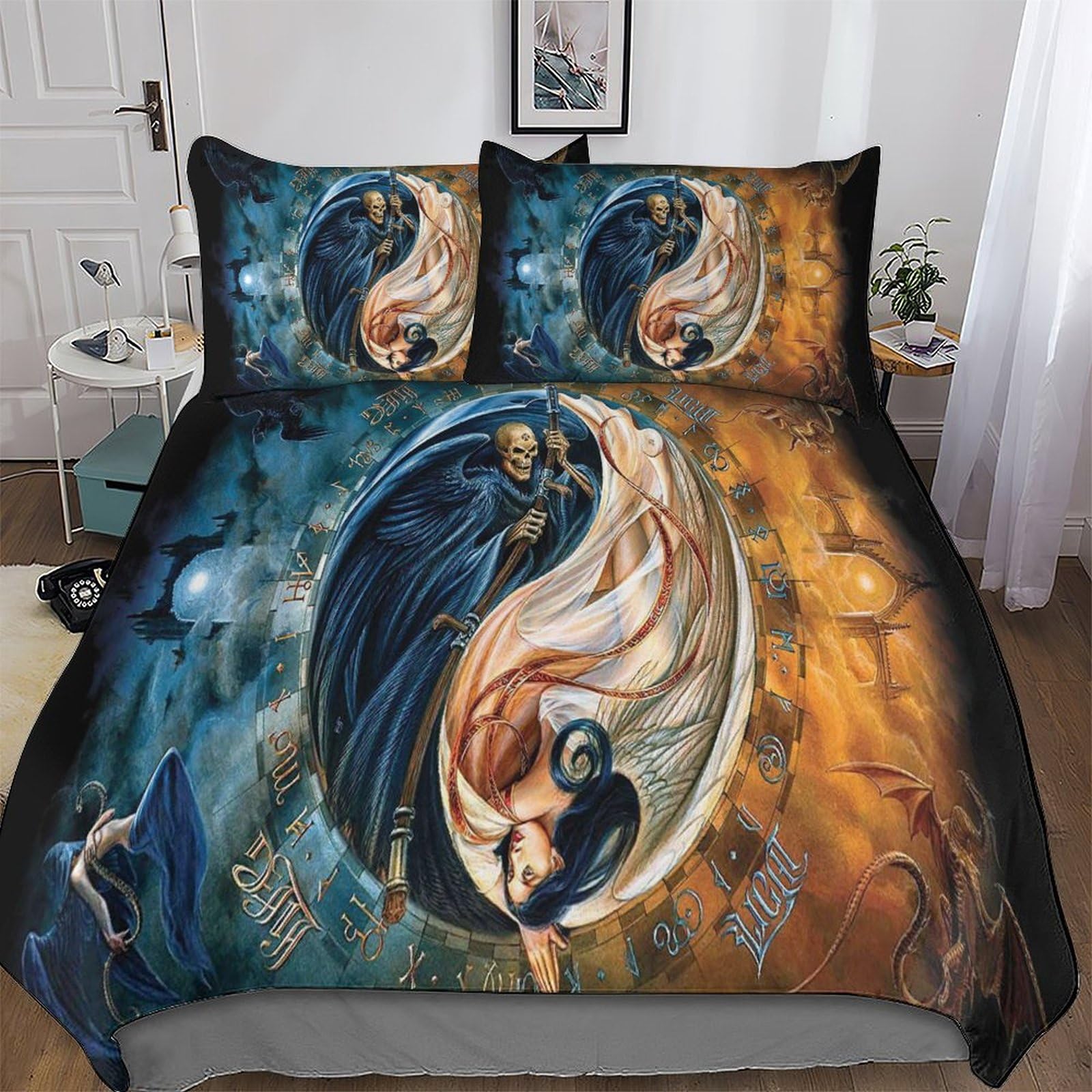 Parure de lit dragon et squelette en microfibre 220x240 cm pour chambre adulte
