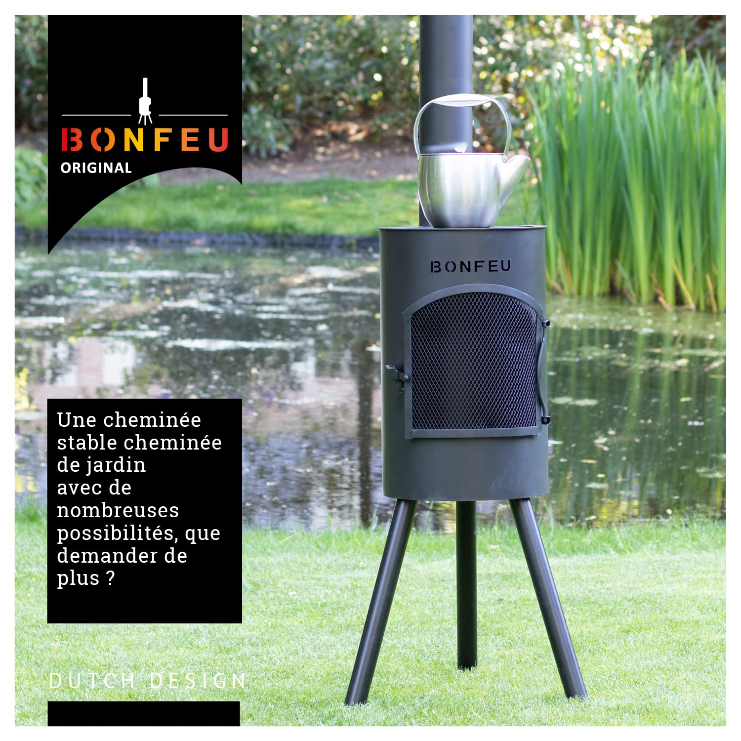 Cheminée de Jardin BonGiano SP Noire BonFeu 30x30x142 cm - Grille de Barbecue - Couvercle - Tisonnier et Pare-Étincelles