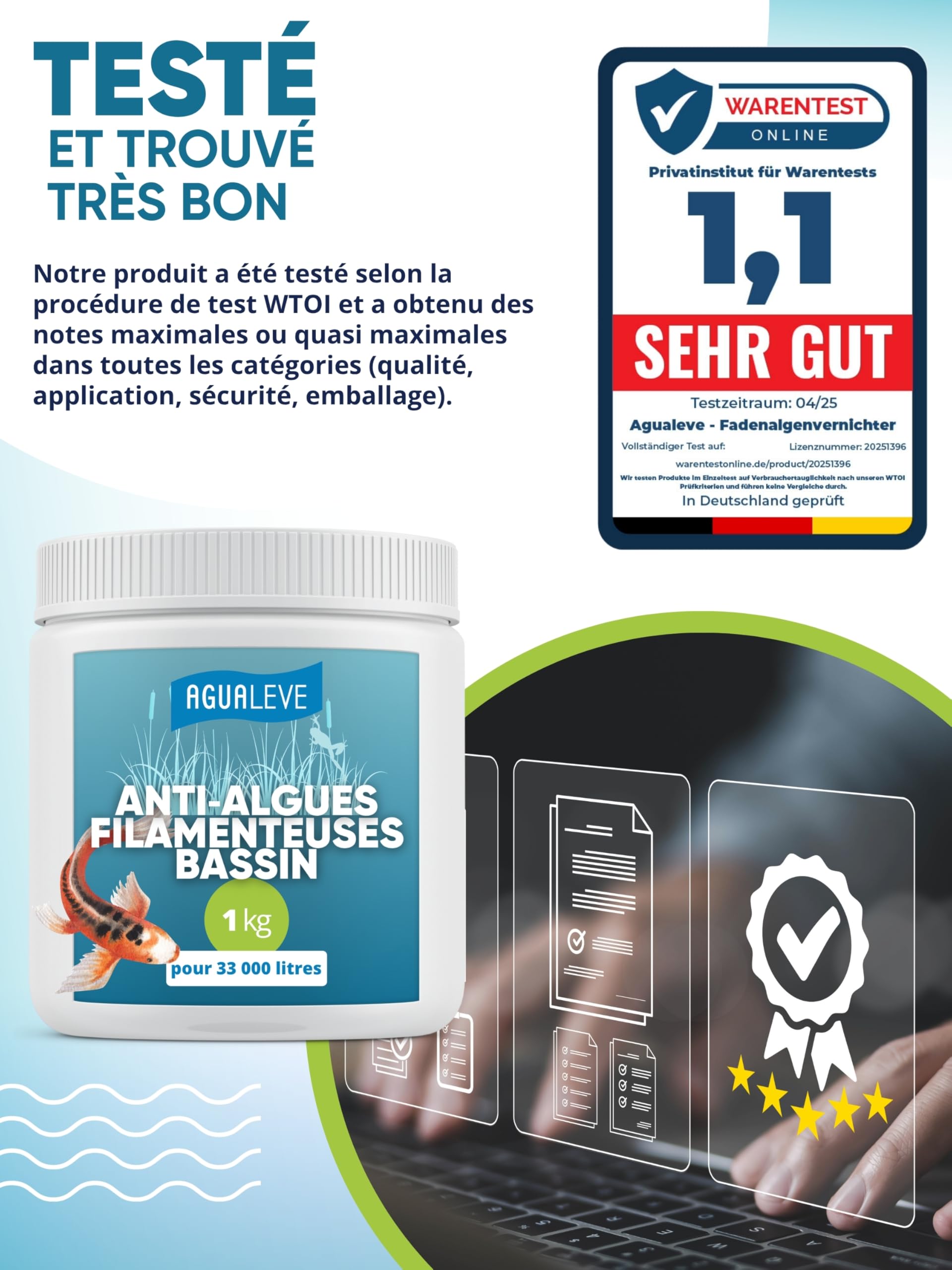 AGUALEVE Destructeur d’algues filamenteuses pour Bassin – Granulés pour Application ciblée sur Les algues – Dosage indicatif 30 à 50 g pour 1 000 L – Guide d’Entretien numérique Inclus