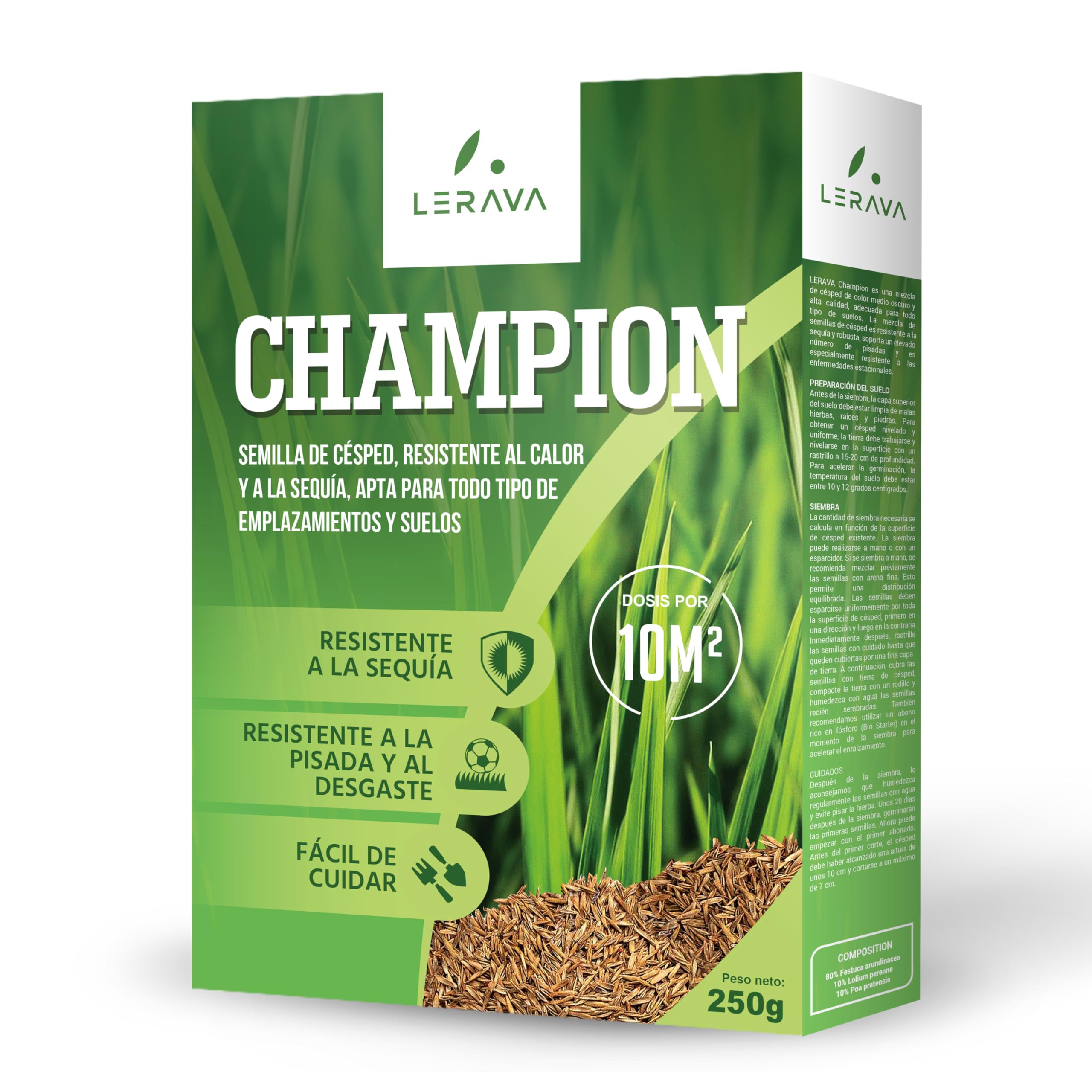 LERAVA® CHAMPION semillas cesped resistente - 10m² - semillas de cesped resistente a la sequía - transitable - cesped de bajo consumo de agua - adecuado para todos los lugares y tipos de suelo