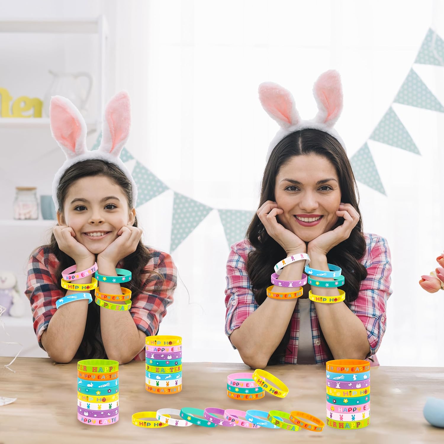 Moon Boat 74pcs Easter Basket Stuffers Wristbands for Kids, Egg Fillers Bulk, Rubber Wristband Gifts, Party Favors for Boys Girls