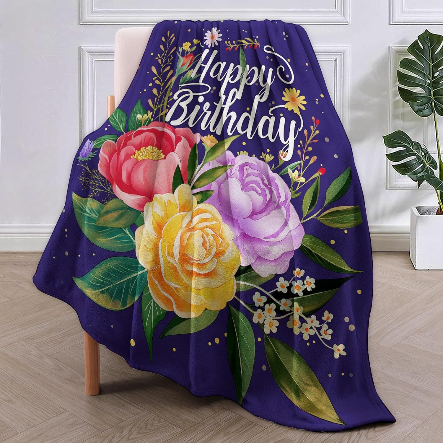 Happy Birthday Throw Blanket, Soft Cozy Fleece Blanket with Colorful Floral Print, Lightweight Warm Blanket for Couch Bed Sofa, for Women and Girls, 60x80 in