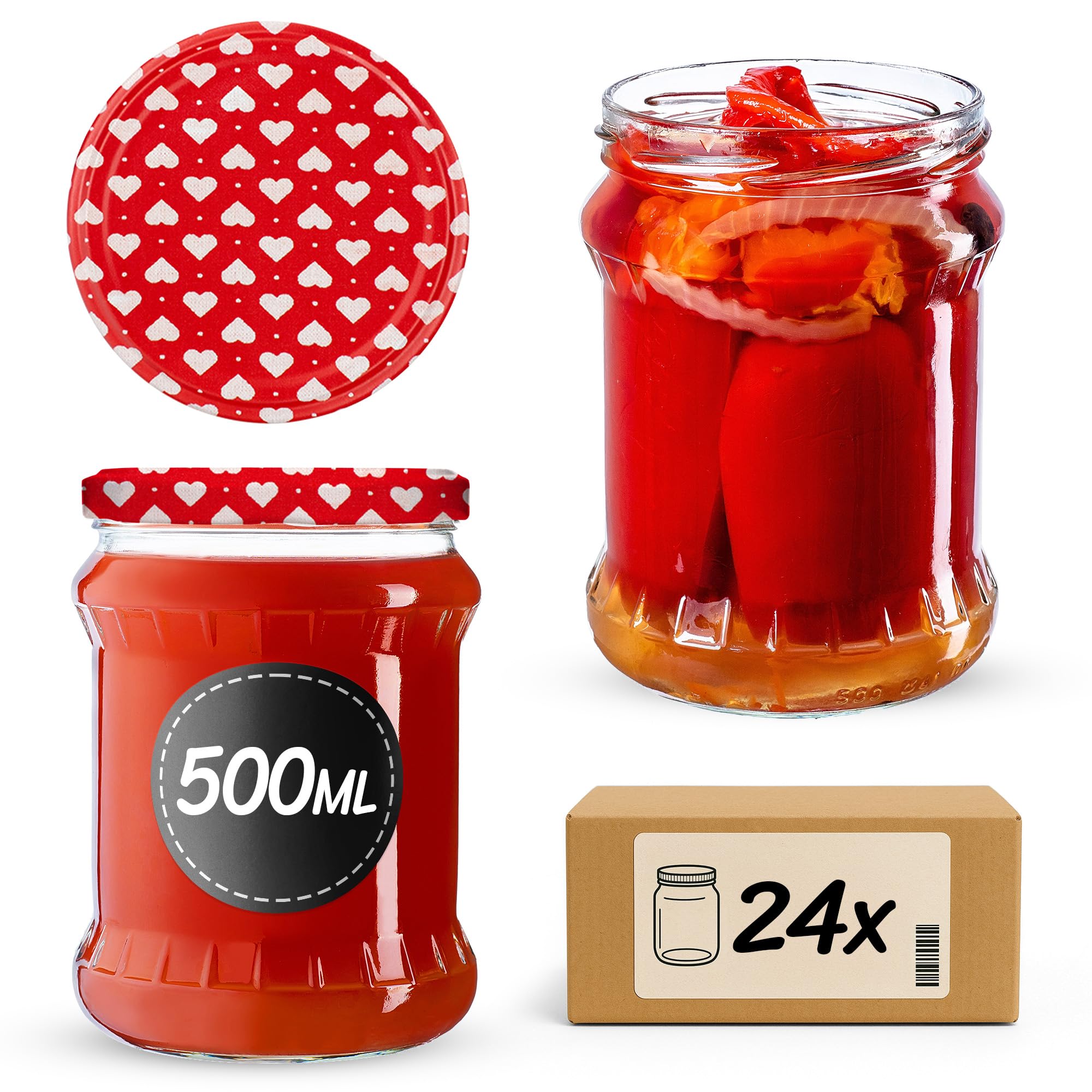 KADAX 24er Set Einmachgläser 500ml TO82 Herz, Sturzgläser Mason Jar mit Schraubdeckel, Luftdichte Twist-off Gläser, Meal Prep, Overnight Oats, Sauerteig