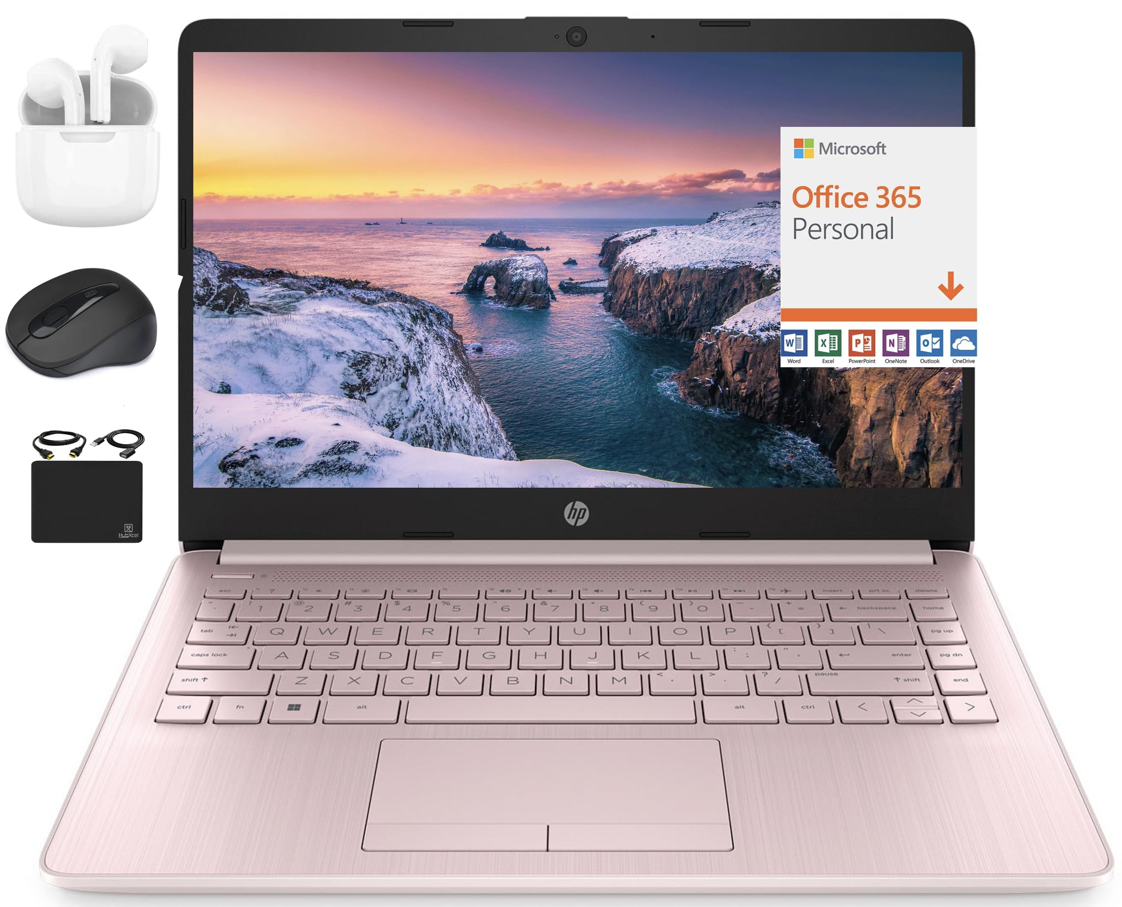 HP New 14" HD Ultral Light Thin Laptop, Quad-Core Intel Celeron Processor, 8GB RAM, 192GB (64GB eMMC+ 128GB Card), Wi-Fi, Upto 11 Hours, Windows 11 S + 1 Year Office 365+HubxcelAccessory, Pink