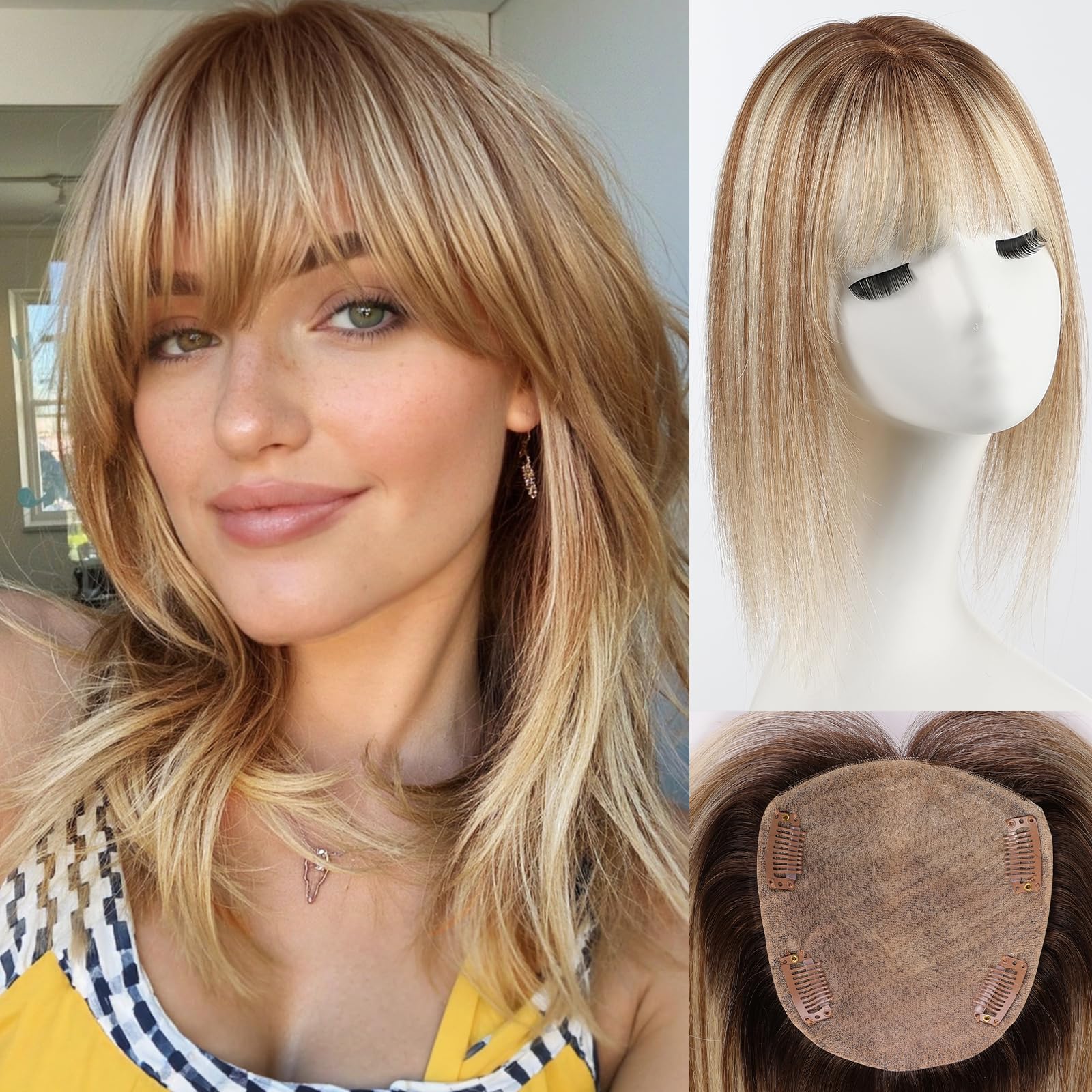 HAIRCUBE 12 inch Hair Toppers for Women 5"*5.5" Large Base Real Human Hair Topper HairToppers for Women with ThinningHair Cover Gray Roots Add Volume With Bangs