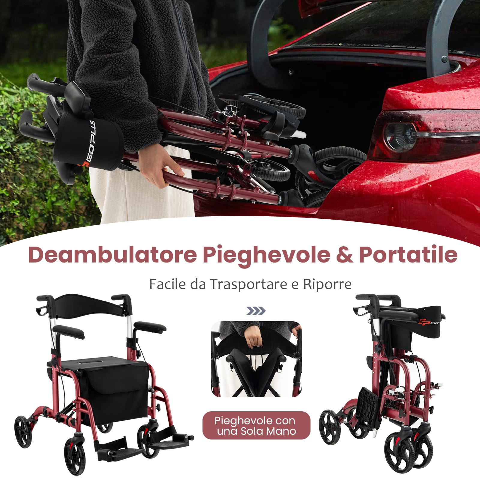 COSTWAY Deambulatore per Anziani Pieghevole con Seduta e 4 Ruote, 2 in 1 Deambulatore e Sedia a Rotelle con Schienale Reversibile, Maniglia Regolabile, Freno a Mano, Porta Ombrello e Borsa (Rosso)