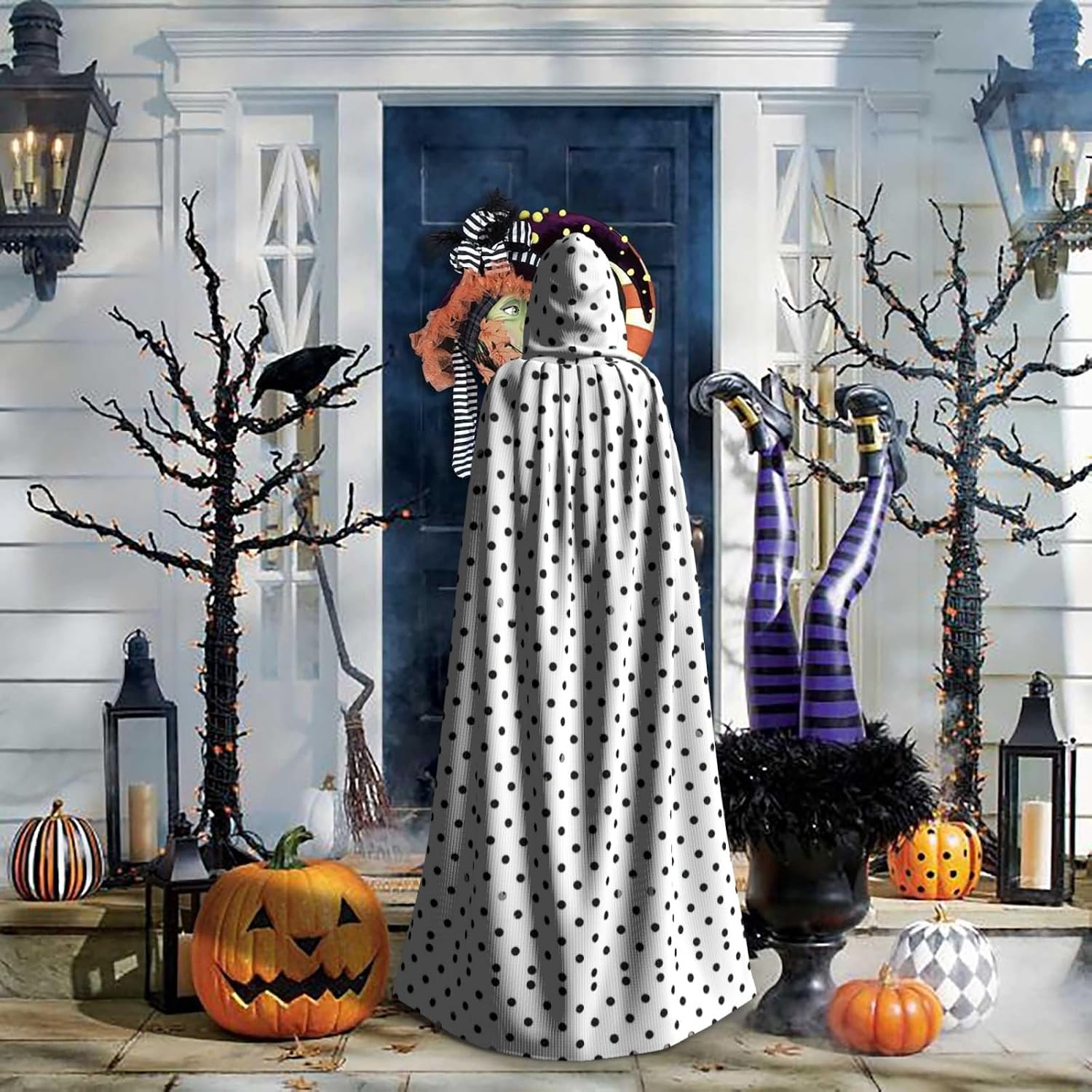 Black Round Dot Enchanting Adult Hooded Cape for Halloween and Party Costumes-Fashionable Women's Robes,Capes