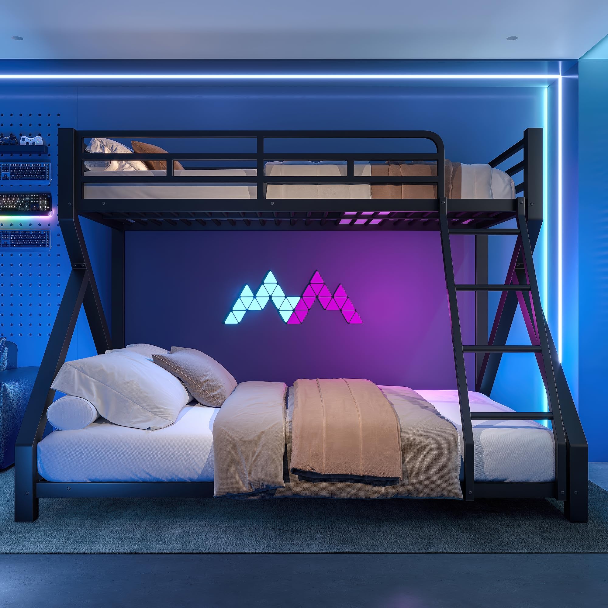 Litera con LED para niños y adultos, cama infantil con barandilla y escalera, hierro 90x200+140x200 cm, negro