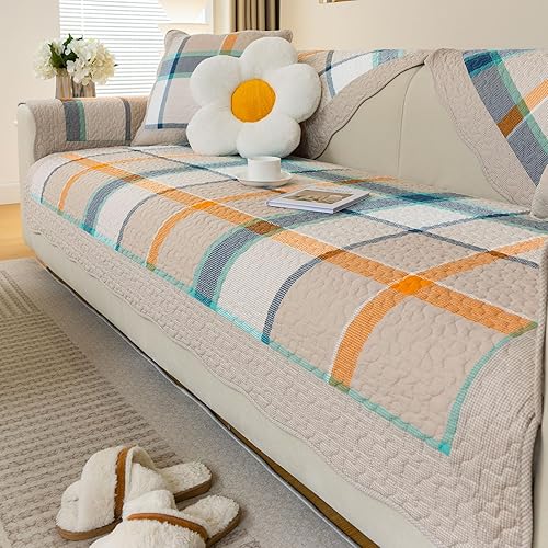 Miniatura 20 de vctops - Funda de sofá de Navidad a cuadros Buffalo Check de algodón, fundas de sofá seccional acolchadas de patchwork, funda de sofá antideslizante