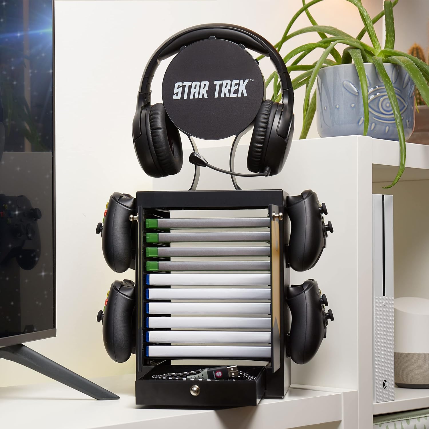 Numskull Official Yellow Star Trek Gaming Accessory Locker & Storage Stand – Holds 10 Games/DVDs, 4 Controllers, Headset, and Accessories – Durable & Compact Organizer – Official Star Trek Merchandise