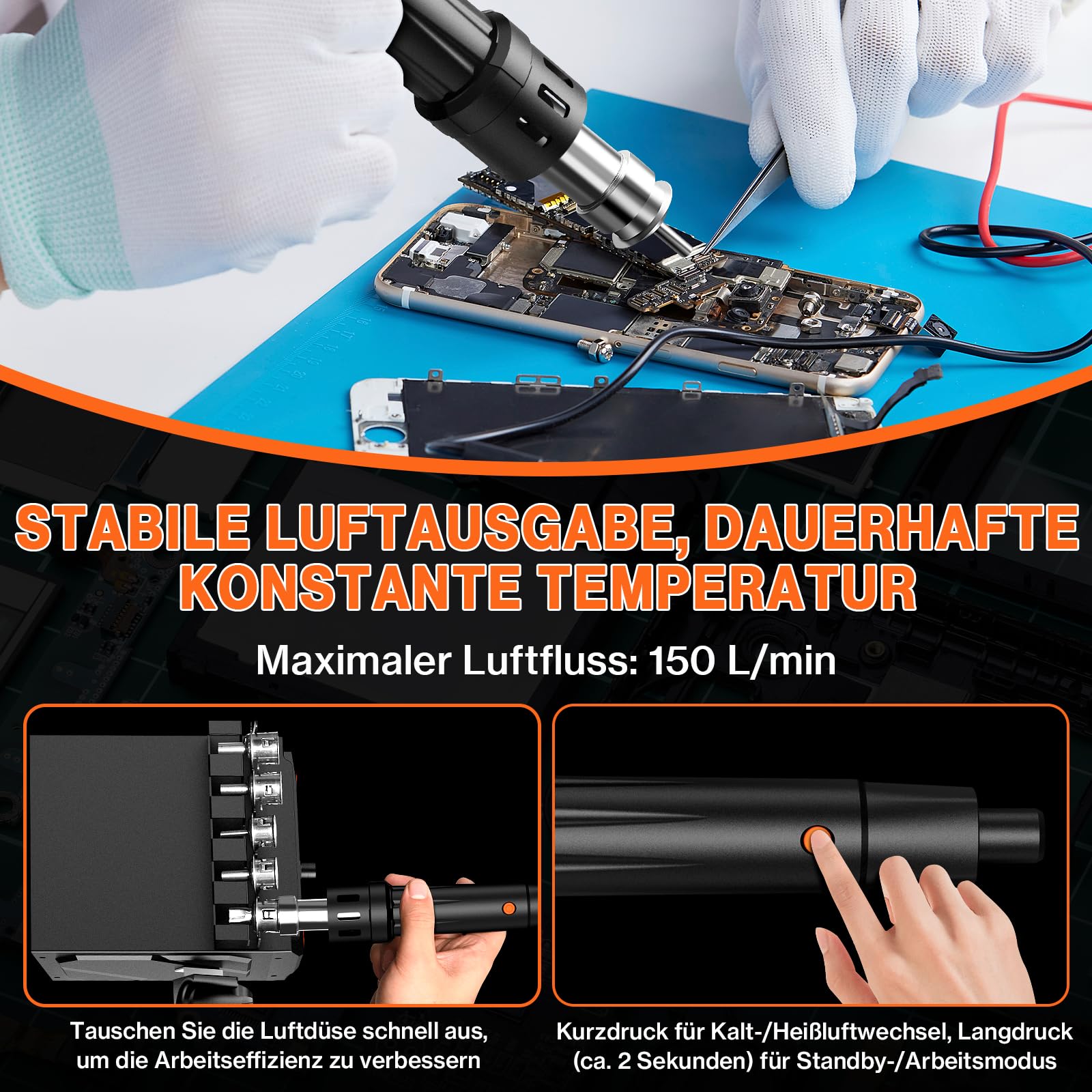 Lötstation, Preciva 992D III Heißluftlötstation Entlötstation professionelle 1220W Repairing-Station Heißluft Station für SMD Löten Lötkolben 90-450℃ Heißluft 100-500℃