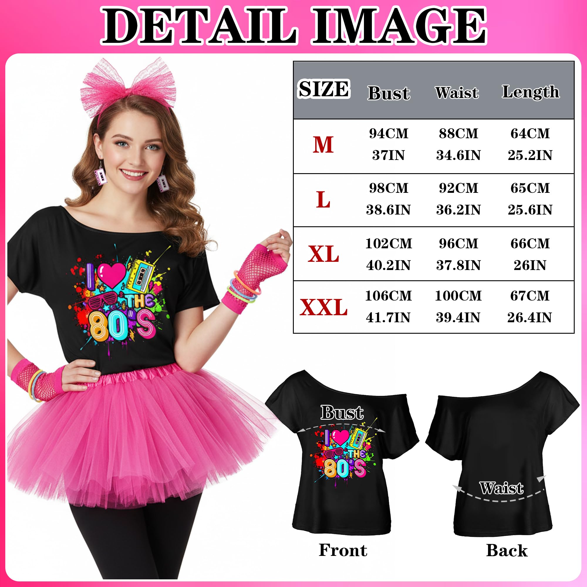 80er Jahre Outfit Damen Set - 80er kostüm Accessoires mit T-Shirt Tutu-Rock Stirnband Ohrring Neon Armband, Netzhandschuhe für Karneval Fasching Party Retro Mottoparty Kleidung