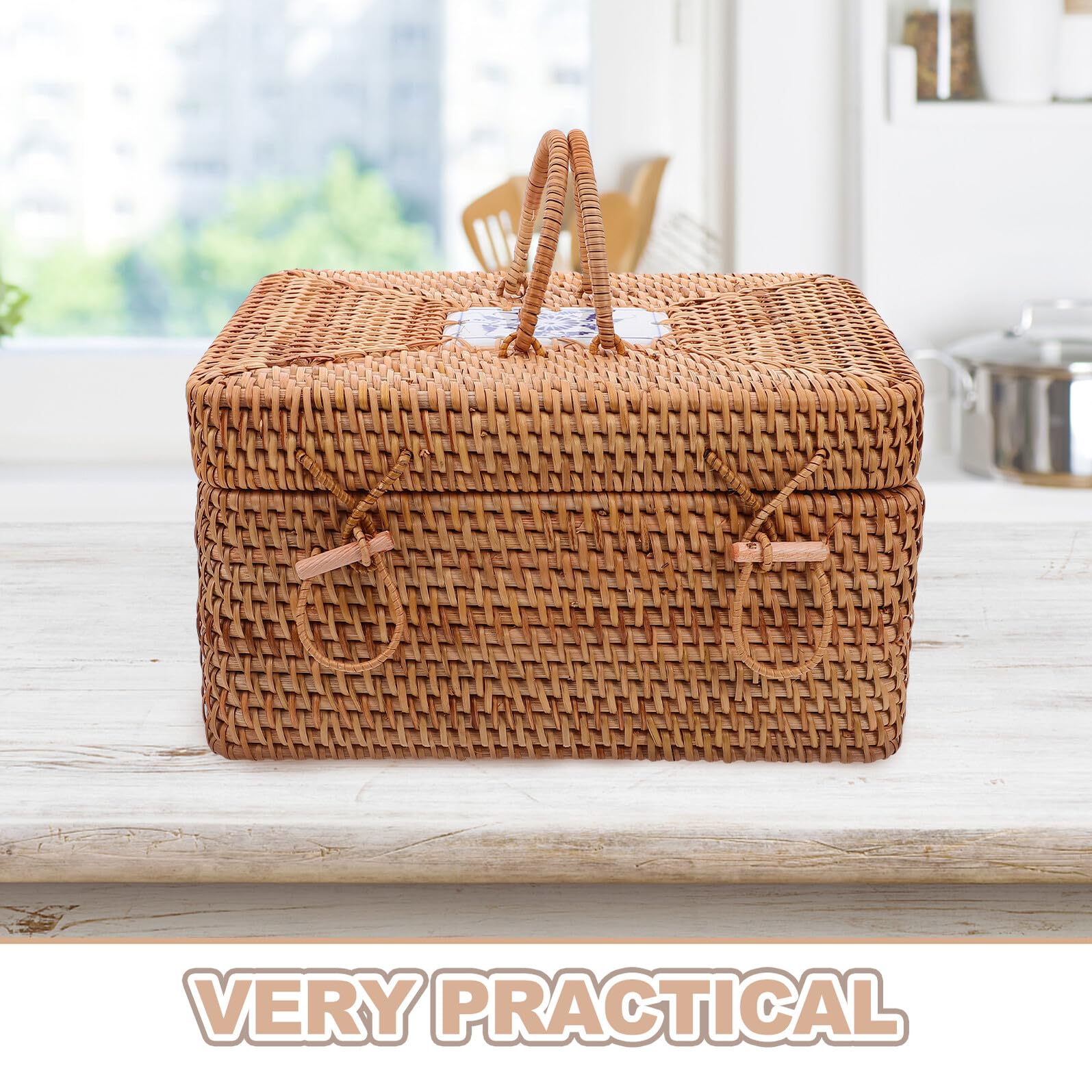 Cesto da Picnic in Rattan Intrecciato con Manico Porta Snack e Frutta Scatola di Stoccaggio Boho in Stile Country Contenitore Spazioso per Campeggio e Feste all Aperto Elegante