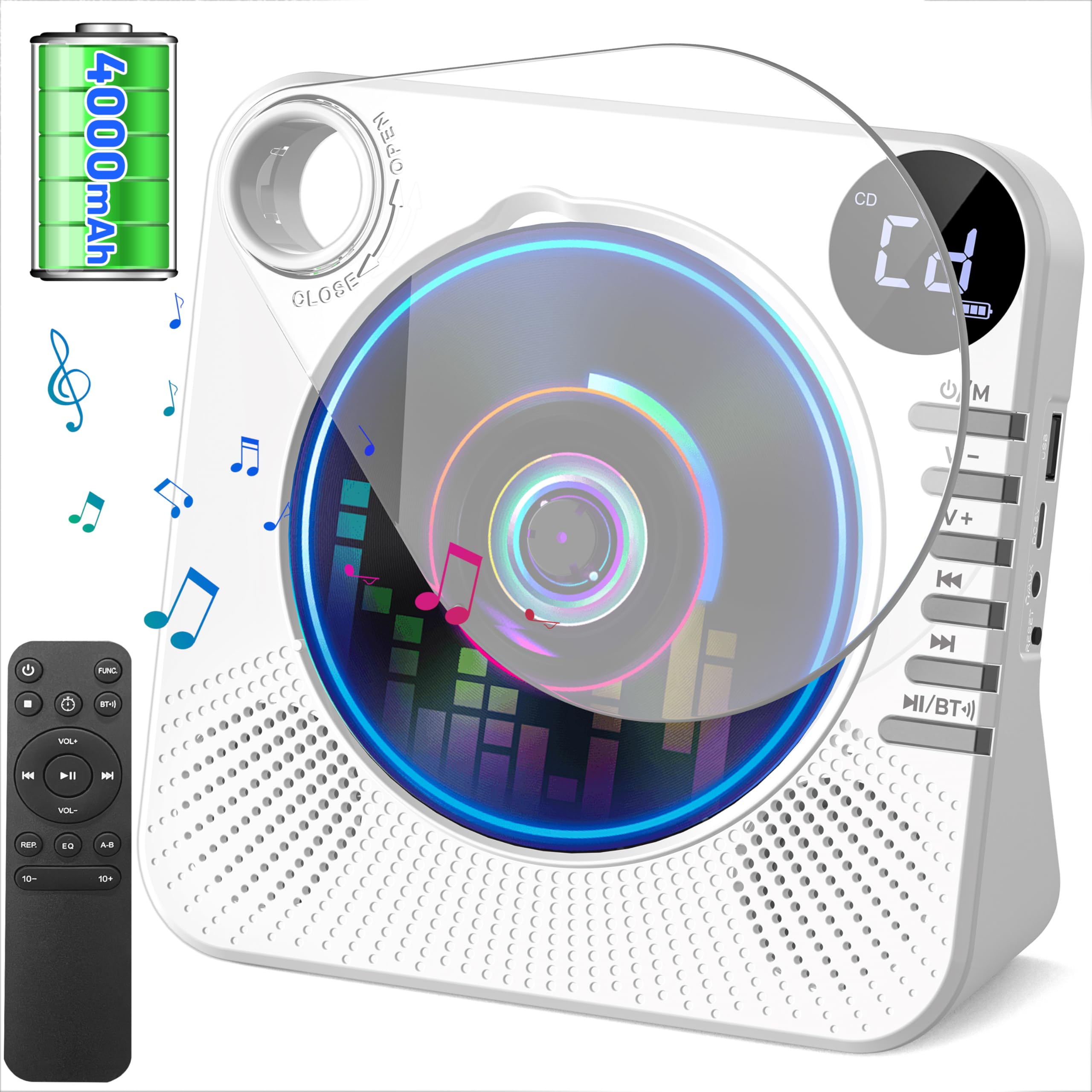 Tragbarer CD-Player 4000mAh Wiederaufladbar, Bluetooth 5.1 mit Stereo-Lautsprechern, Fernbedienung, Staubschutz-Schiebedeckel, Anti-Skip, AUX/USB, CD Spieler für Zuhause & Unterwegs - Weiß