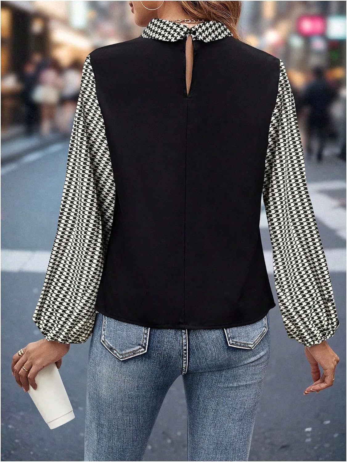 SweatyRocks Women's Houndstooth Dressy Casual Shirts Collared Long Sleeve Shirts Office Work Blouses - Image 2