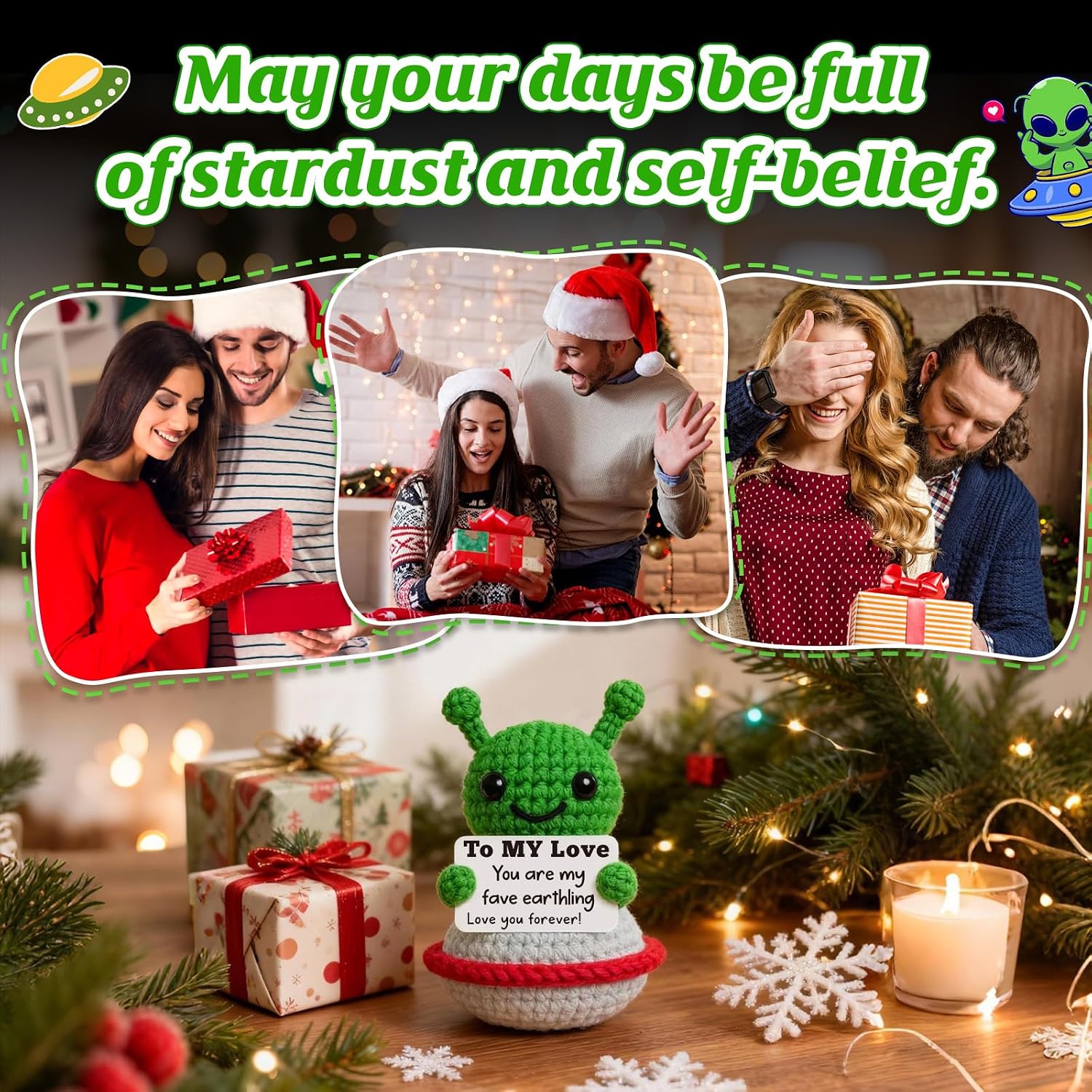 Funny Valentines Gifts for Him Her Boyfriend Girlfriend - Cute Handmade Crochet Alien, Romantic Anniversary Valentines Presents for Husband Wife Couple - I Love You Gift for Women Men