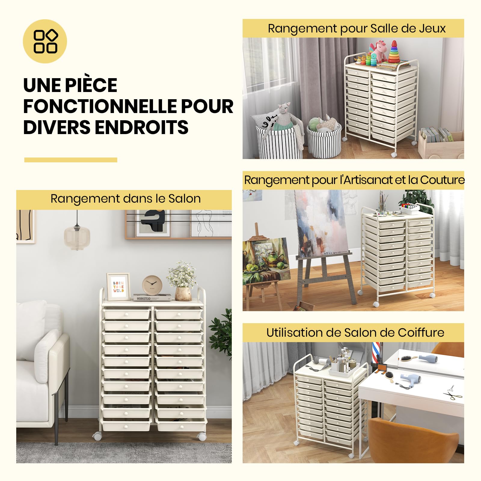 GOPLUS Desserte à Roulettes avec 20 Tiroirs Amovibles en Plastique, 63 x 38 x 89 CM, Chariot de Rangement à Roulettes Verrouillable, Cadre en Acier, Poignée Latéral, pour Chambre, Bureau (Blanc)