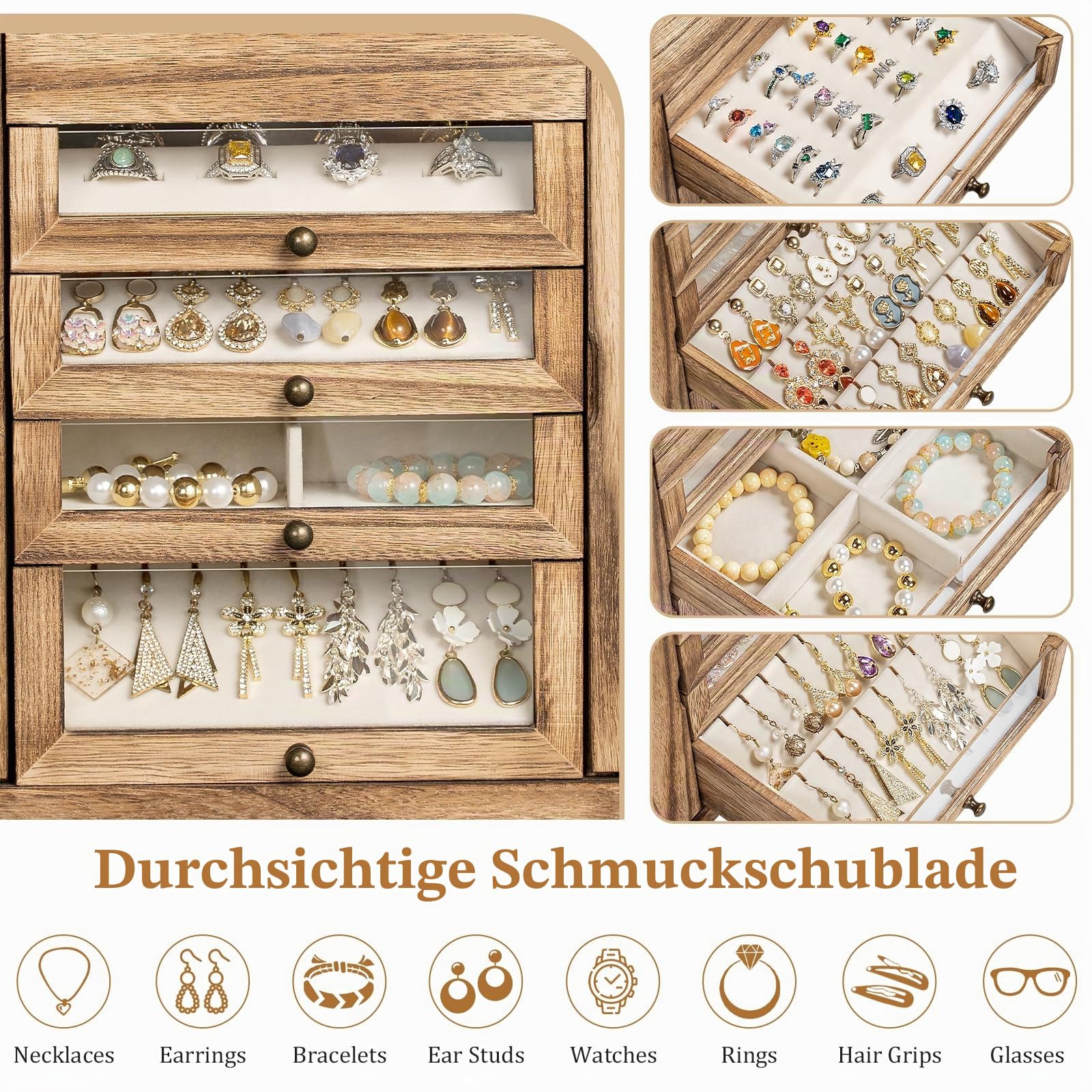 Große Schmuckschatulle und Organizer für Damen,für Halsketten Ohrringe Armbänder Ringe, 4 Ebenen Schmuck Organizer Schmuckbox mit Schubladen und Spiegel (Braun)