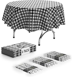 Exquisite Picnic Table Cover - 6 Pack Round Premium Plastic Tablecloth - Black & White Checkered BBQ Table Cover - Gingham Checkerboard Disposable Plastic Tablecloth 84 inch