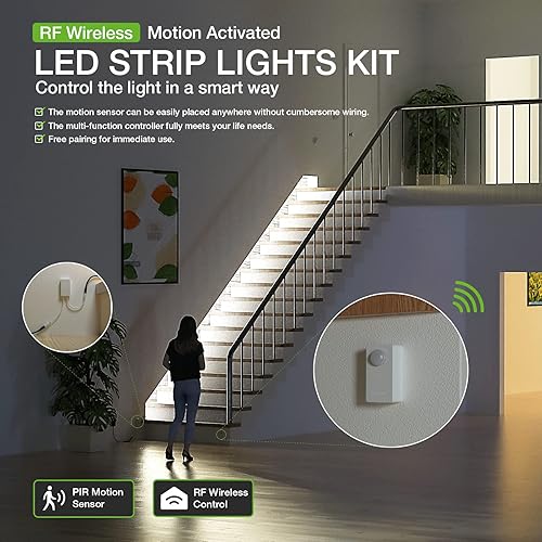 Miniatura 6 de RAYZEEK Kit de tiras de luces LED inalámbricas activadas por movimiento, regulables de 19.7 pies y adaptador con certificación UL, interruptor de