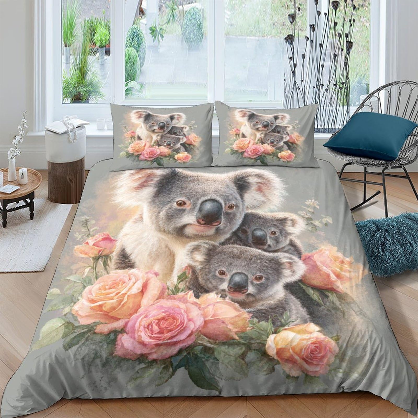 Ctjqhvkz Style-10 3D Printed Koala Rose Fitted Sheet Microfiber Soft Grey Floral Mattress Cover For Bedroom Guest Room Home Decor Single（135X200cm）