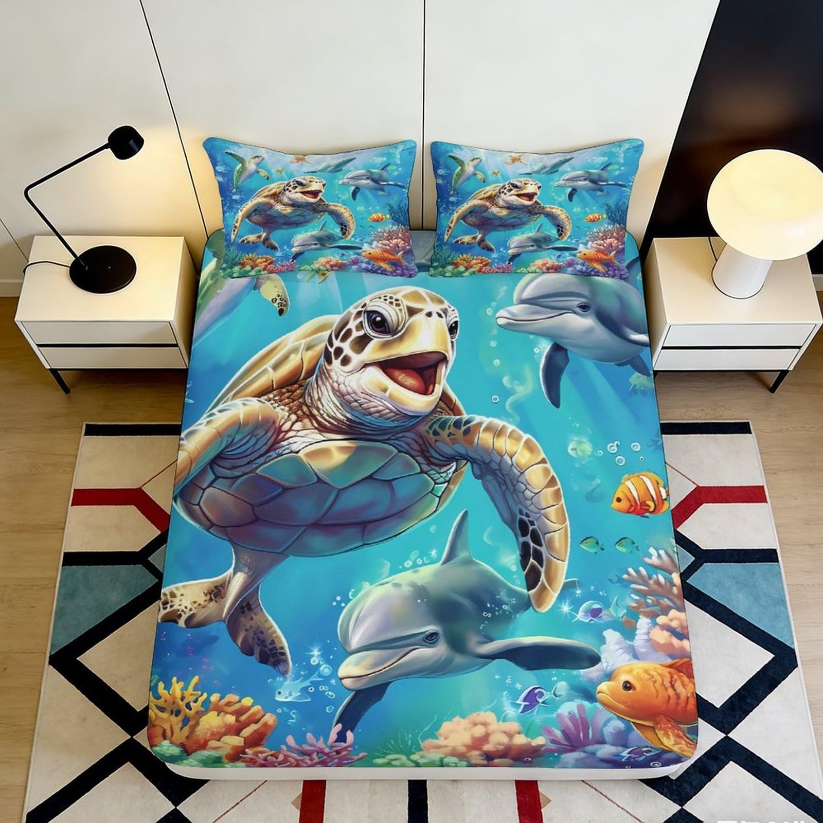 3D Printed Sea Turtle Ocean Fitted Sheet Microfiber Soft Breathable Dolphin Mattress Cover for Bedroom Dorm Mattress Protection Decor 140x200x25cm