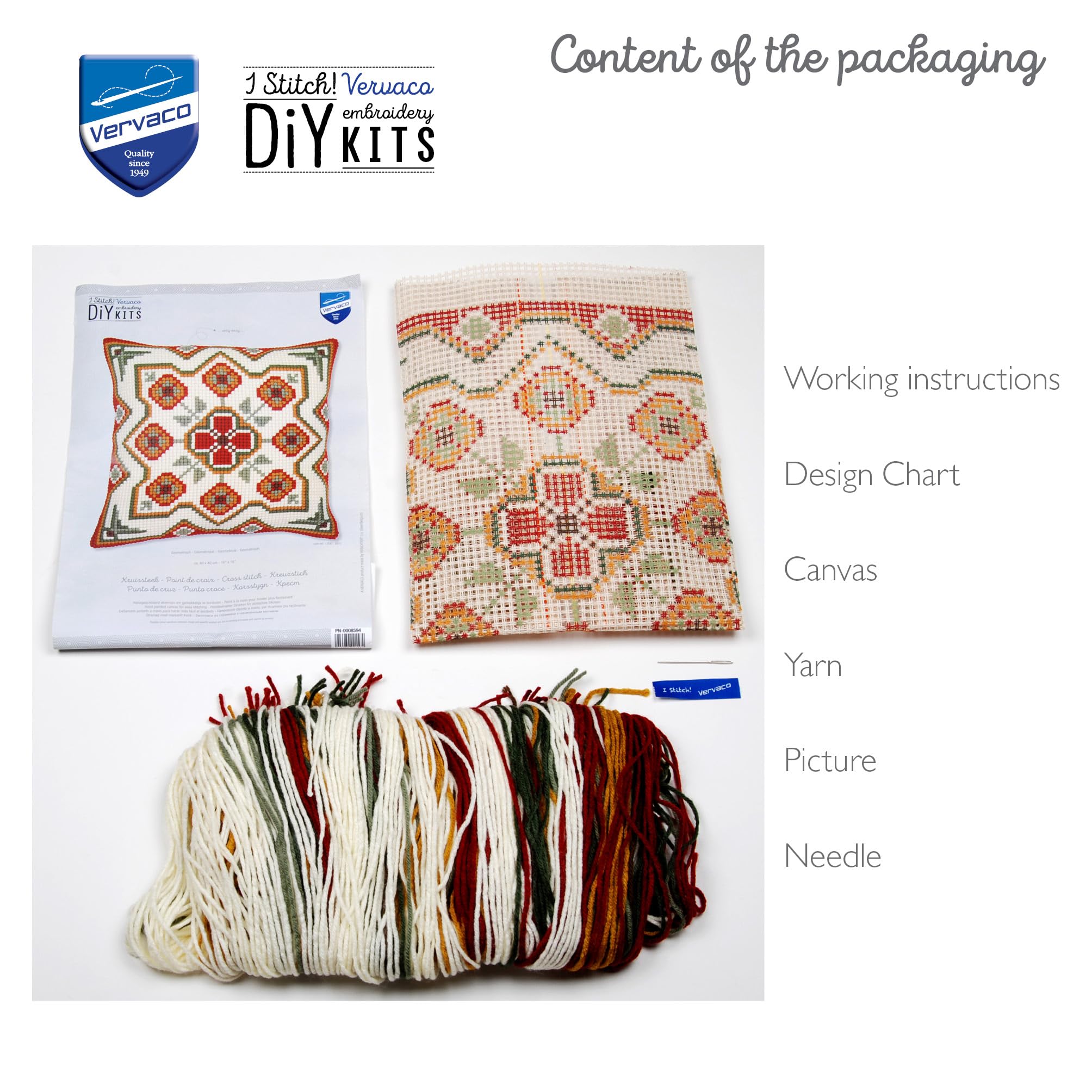 VERVACO Zestaw do Haftu Krzyżykowego Poduszka GEOMETRIA Kanwa z Nadrukiem 40 x 40 cm Gruba Włóczka Akrylowa Zrób to Sam Dekoracja Domu DIY Cross Stitch Kit