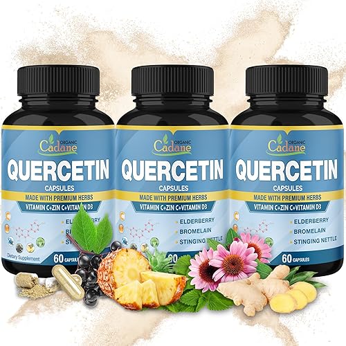 Organic Cadane 3 paquetes de 60 cápsulas de extracto de quercetina – Apoya el sistema inmunológico – Combinado con saúco, bromelina, jengibre
