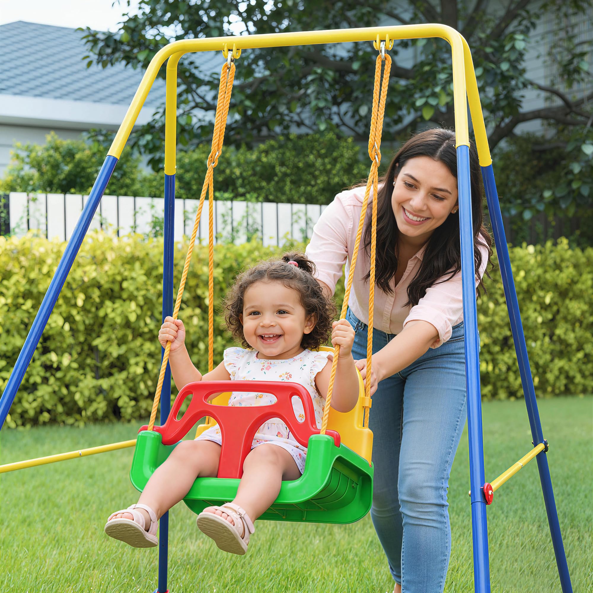 AIYAPLAY Portique Balançoire Exterieur Enfants 3-en-1 Pliable Multicolore