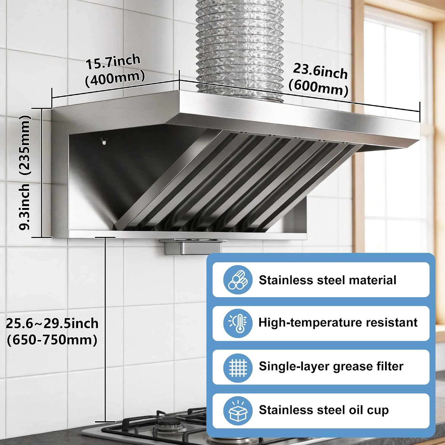 wall mounted range hood with Hood and Duct Hose, 360 CFM Stainless Steel Stove Vent Hood for Kitchen, Apartments, Dorm Room, RV, CE Certified