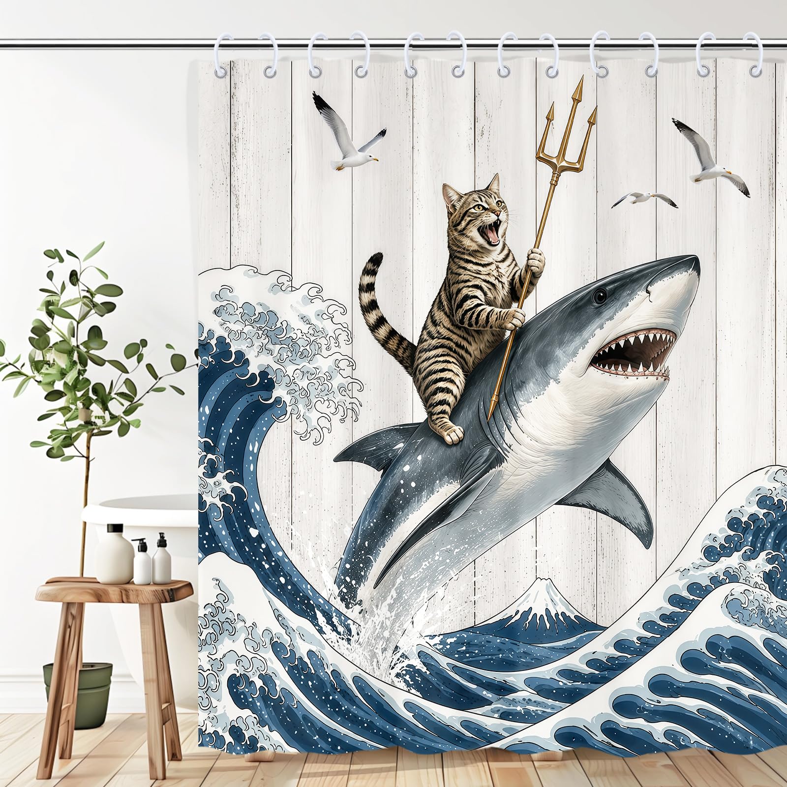Boziqr Funny Cat Shower Curtain, Cool Cat Shark Ocean Wave Bathroom Decor