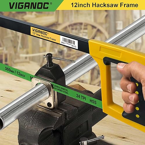 Miniatura 4 de Sierra de mano, sierra para metales de 12 pulgadas con hoja bimetálica de 24 TPI, marco de sierra de mano de alta tensión adecuado para metal,