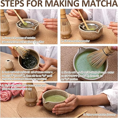 Miniatura 8 de Joyscale Juego de batidor de matcha, cuenco de matcha con boquilla, juego de 8 piezas de matcha (blanco al horno blanco) para hacer desayunocafé,