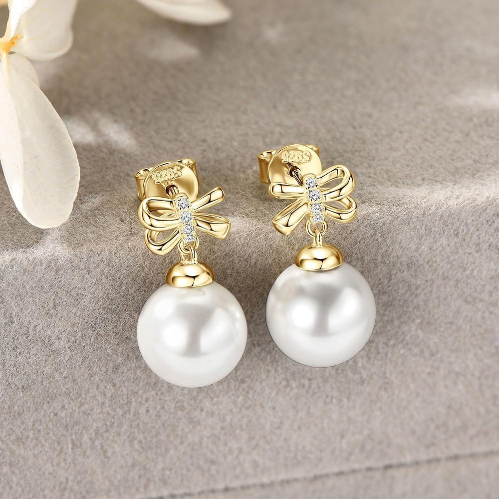 Amazon.com: 14K Gold Plated Pearl Stud Earrings for Women