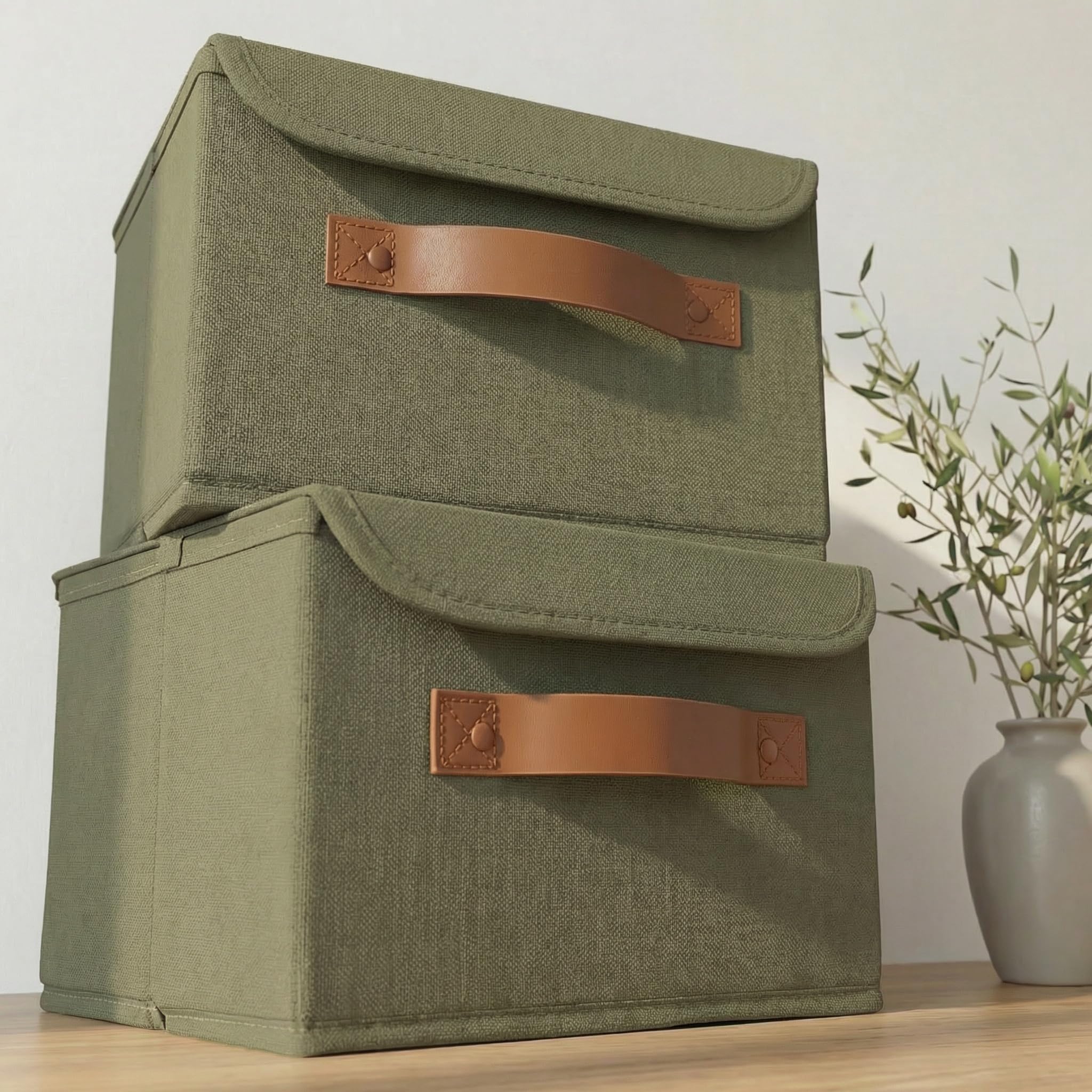 ZICOTO Beautiful Storage Bin with Lid – Foldable Cotton-Linen Fabric Box with PU Leather Handles, Decorative Closet Organizer Cube Reinforced with PP Board – Beige, Small
