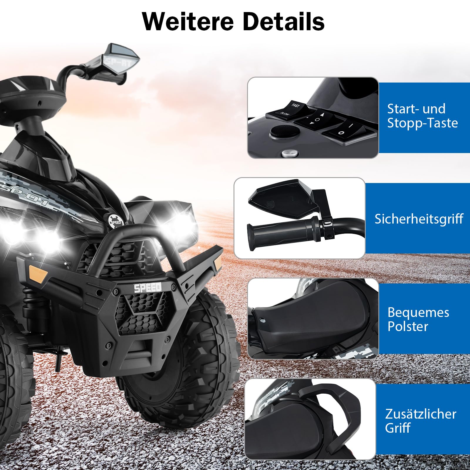 COSTWAY 12V elektryczne quad dla dzieci, elektryczny quad z muzyką, klaksonem i reflektorem LED, quad dla dzieci 2,2-4,3 km/h, elektryczny samochód dla dzieci od 3 lat (czarny)