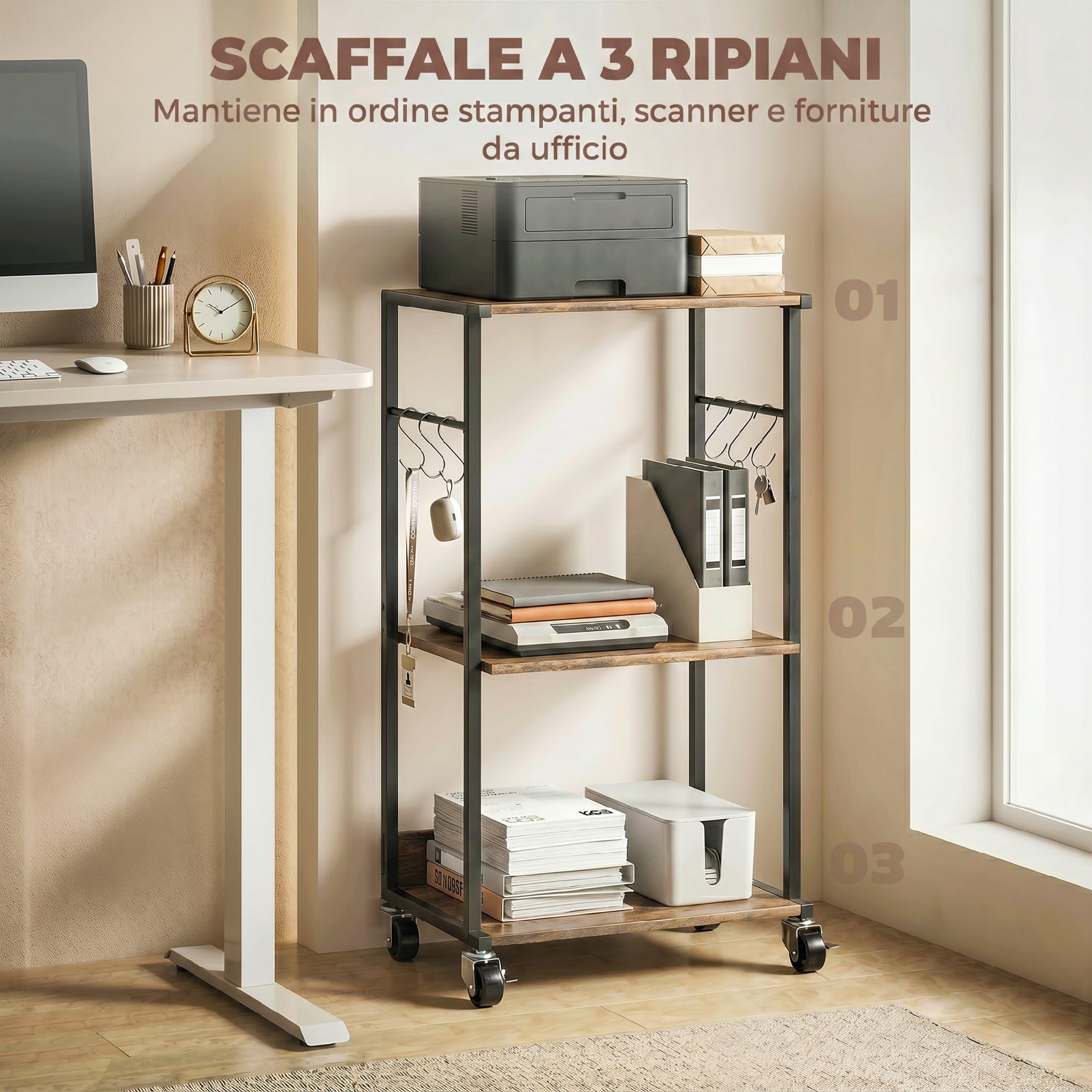 HOMCOM Carrello Porta Stampante a 3 Livelli, Supporto Stampante con Ruote con Freno e 6 Ganci, Salvaspazio in Metallo e Legno, per Casa, Studio, Ufficio, Industriale, 43x30x82cm, Marrone Rustico