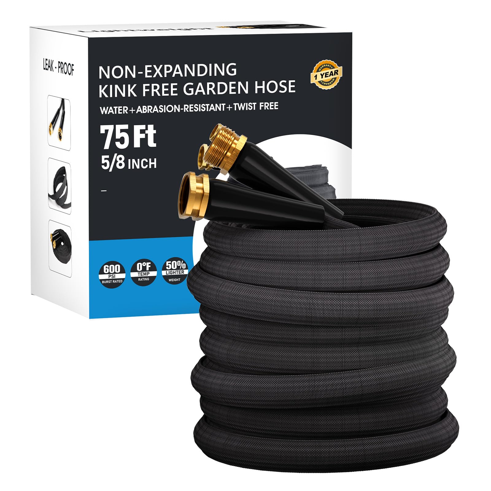 75 FT Garden Hose, Non-Expanding Water Hose, Ultra Flexible, Burst-Resistant, Kink-Free, High-Pressure Garden Hose for Easy All-Weather Use on Lawns, Gardens, and Outdoor Cleaning