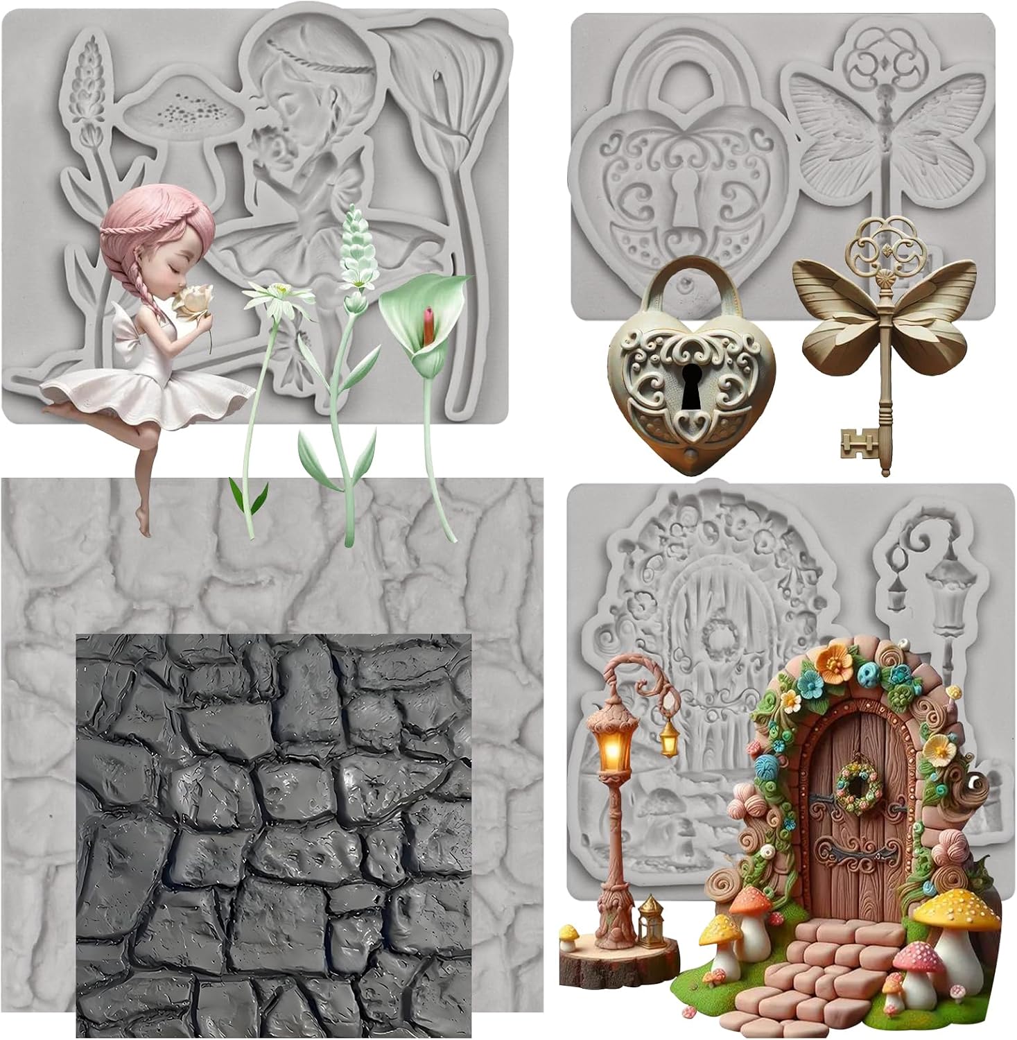 Fairy Garden Silicone Molds,Door Lock and Key Fondant Molds Stone Wall Pattern Clay Mold Stone Wall Pattern for Cake Decoration Paste Polymer Clay