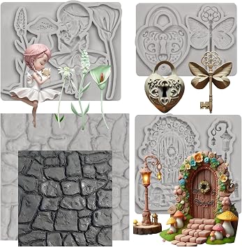 Fairy Garden Silicone Molds,Door Lock and Key Fondant Molds Stone Wall Pattern Clay Mold Stone Wall Pattern for Cake Decoration Paste Polymer Clay