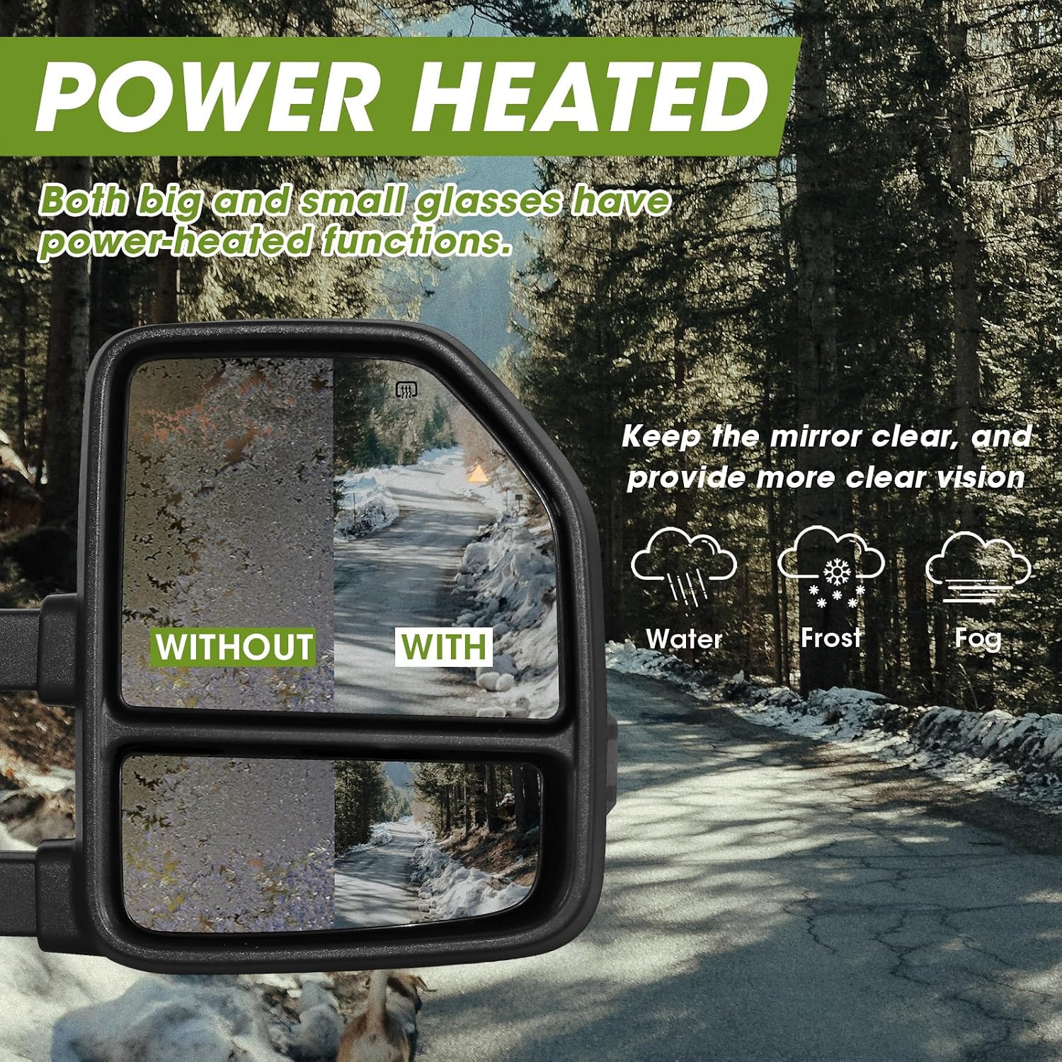 Switchback Towing Mirrors for Ford F150 (2021-2026), F250 F350 F450 (2023-2026) with Dynamic Turn Signal & Running Light Heated Power Glass Pair Set (Unpainted, Smoke Lens) Manual Folding