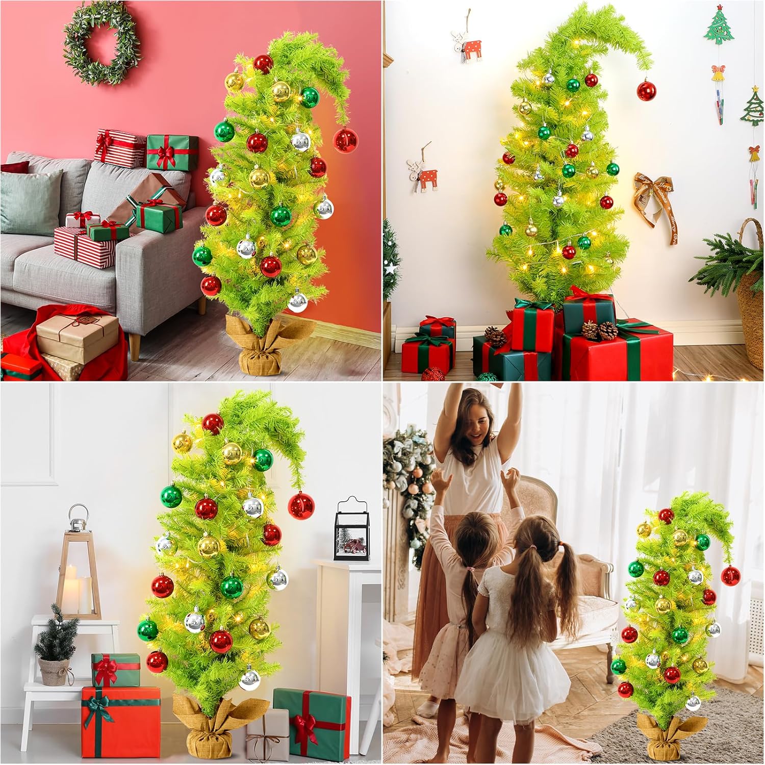 3FT 28PCS Mini Tabletop Artificial Christmas Tree Small Xmas Holiday Whimsical Pre-Lit Green Tree for Indoor Christmas Decor with 50 LED String Lights & 26 Balls Bendable Foldable Portable