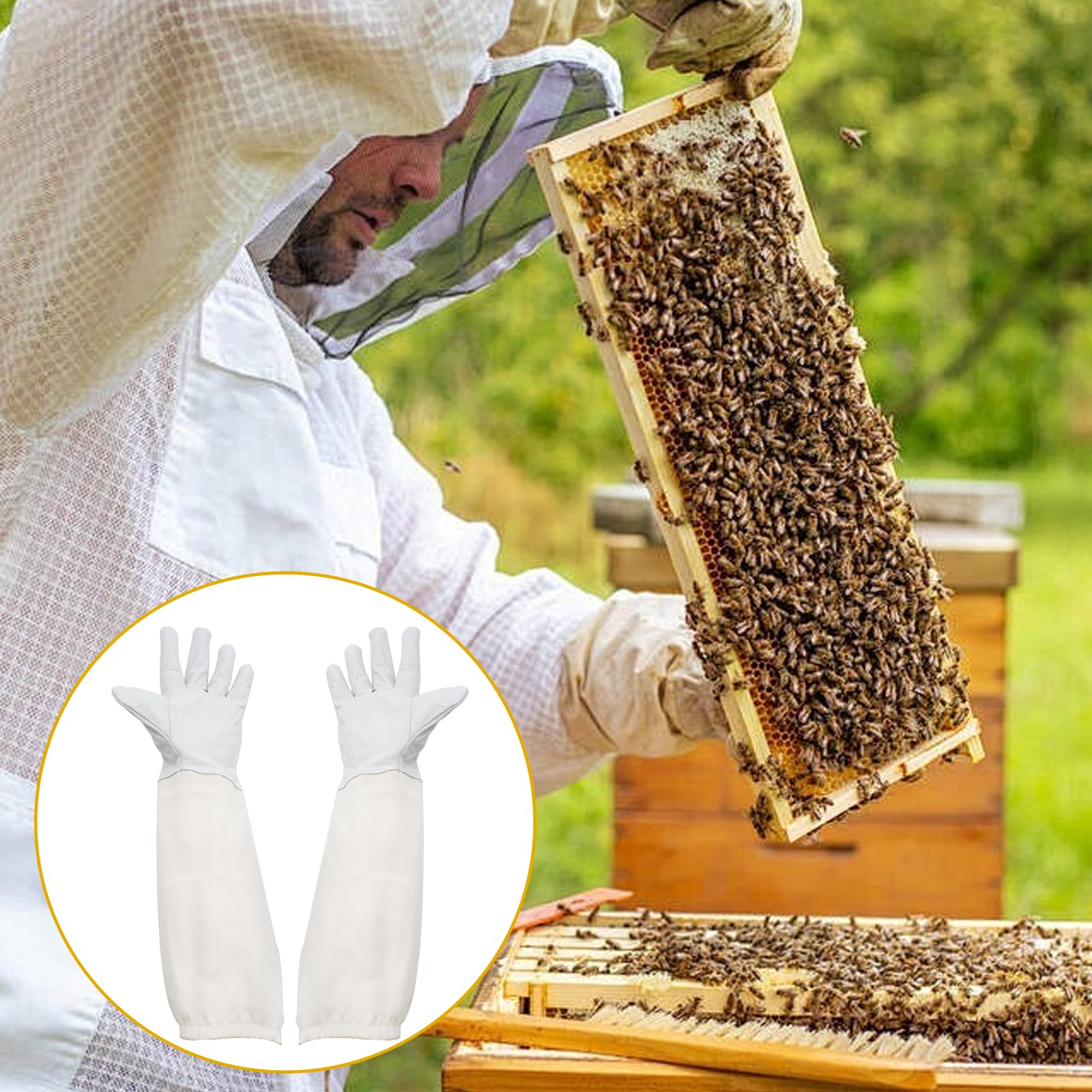 Produktbild von Imkerhandschuhe Aus Ziegenleder & Canvas (50 Cm) – Stichfest, Elastisches Bündchen, Atmungsaktiv – Für Bienenhaltung, Gartenarbeit & Mehr (Weiß)