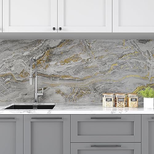 Miniatura 5 de VEELIKE Papel adhesivo de mármol gris dorado mate para encimeras, papel tapiz de mármol líquido impermeable, para despegar y pegar encimeras para