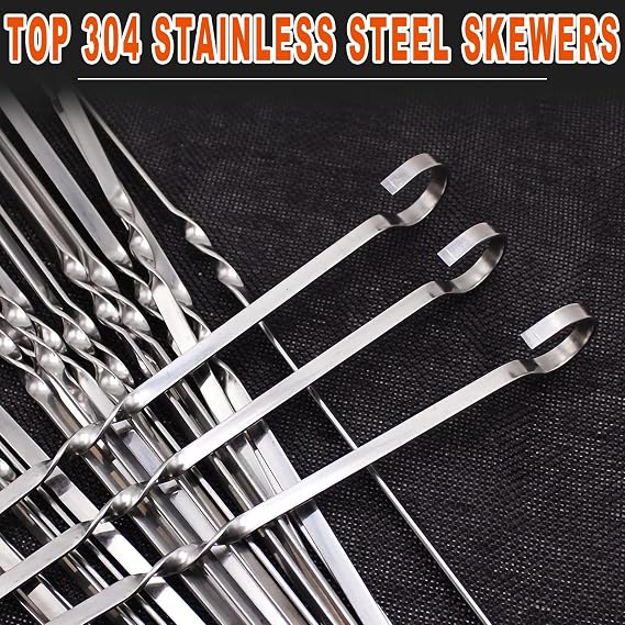 KEYIDO 20 Pcs Premium 304 Stainless Steel Kabob Skewers, 40 cm Long Flat Metal BBQ Barbecue Skewer, Reusable Grilling Skewers with Portable Storage Bag (15.7 inch)