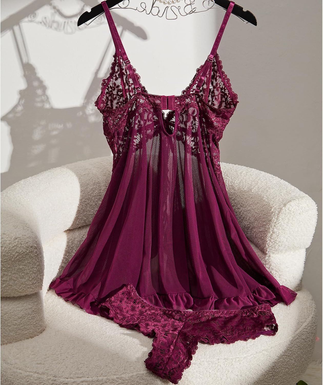 Lace Lingerie for Women Babydoll V Neck Nightwear Sexy Chemise Nightie Mesh Sleepwear Floral Hem Sleepshirt - Image 7